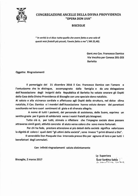 ENCOMIO DALLA SUPERIORA SUOR SANTINA SABIA DELLA CONGREGAZIONE ANCELLE DELLA DIVINA PROVVIDENZA  DI BISCEGLIE “OPERA DON UVA”