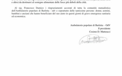 Covid 19 Donazione di Viveri all’Ambulatorio Popolare di Barletta