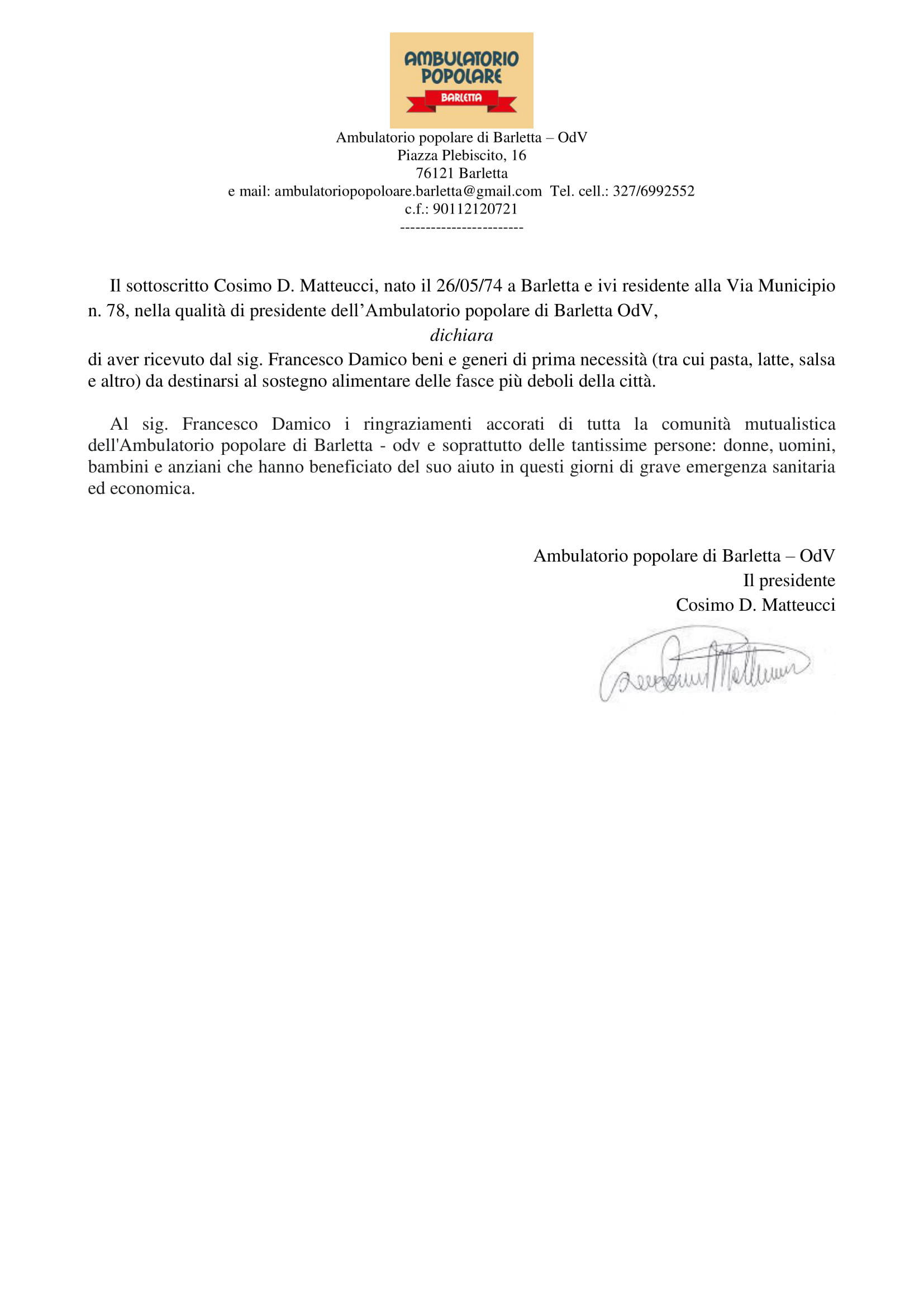 ringraziamento Ambulatorio Popolare di Barletta Avv. Cosimo D. Matteucci al Cav. Francesco Damico Insignito Omri della Repubblica Italiana