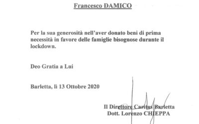 Ringraziamento Caritas Barletta Dott. Lorenzo Chieppa e Ambulatorio Popolare di Barletta Avv. Cosimo D. Matteucci al Cav. Francesco Damico Insignito Omri della Repubblica Italiana