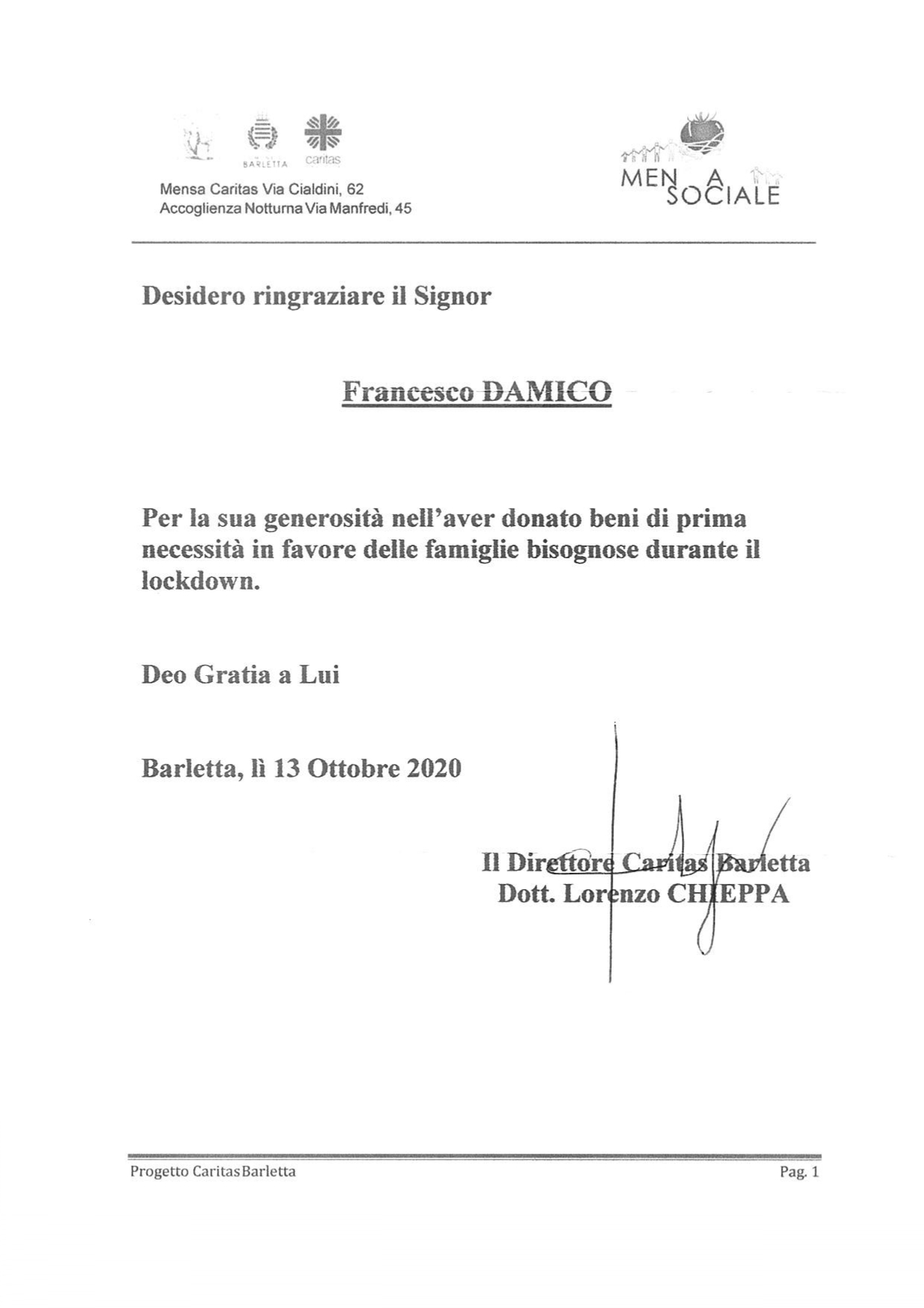 ringraziamento Caritas Barletta Dott. Lorenzo Chieppa al Cav. Francesco Damico Insignito Omri della Repubblica Italiana