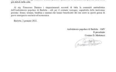 Encomio al Cav. Francesco Damico dall’ Ambulatorio Popolare di Barletta Odv Pres. Avv. Cosimo D. Matteucci