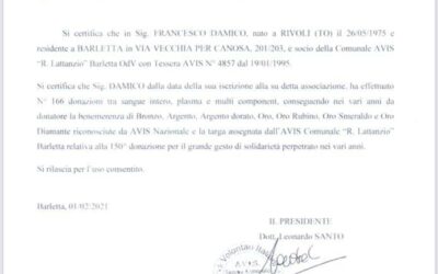 Certificazione Avis Barletta Cav. Francesco Damico