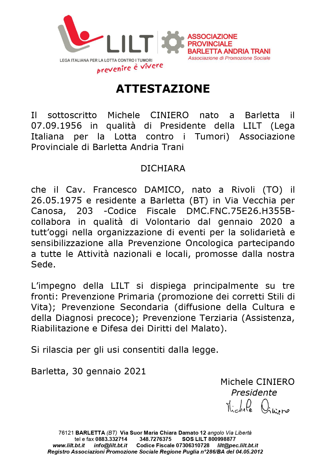 Attestazione Lilt Lega Italiana per la Lotta Contro i Tumori