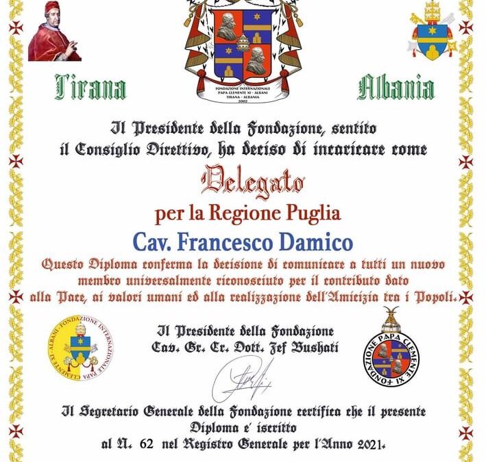 Cav. Francesco Damico Delegato Regione Puglia della Fondazione Internazionale “Papa Clemente XI Albani”