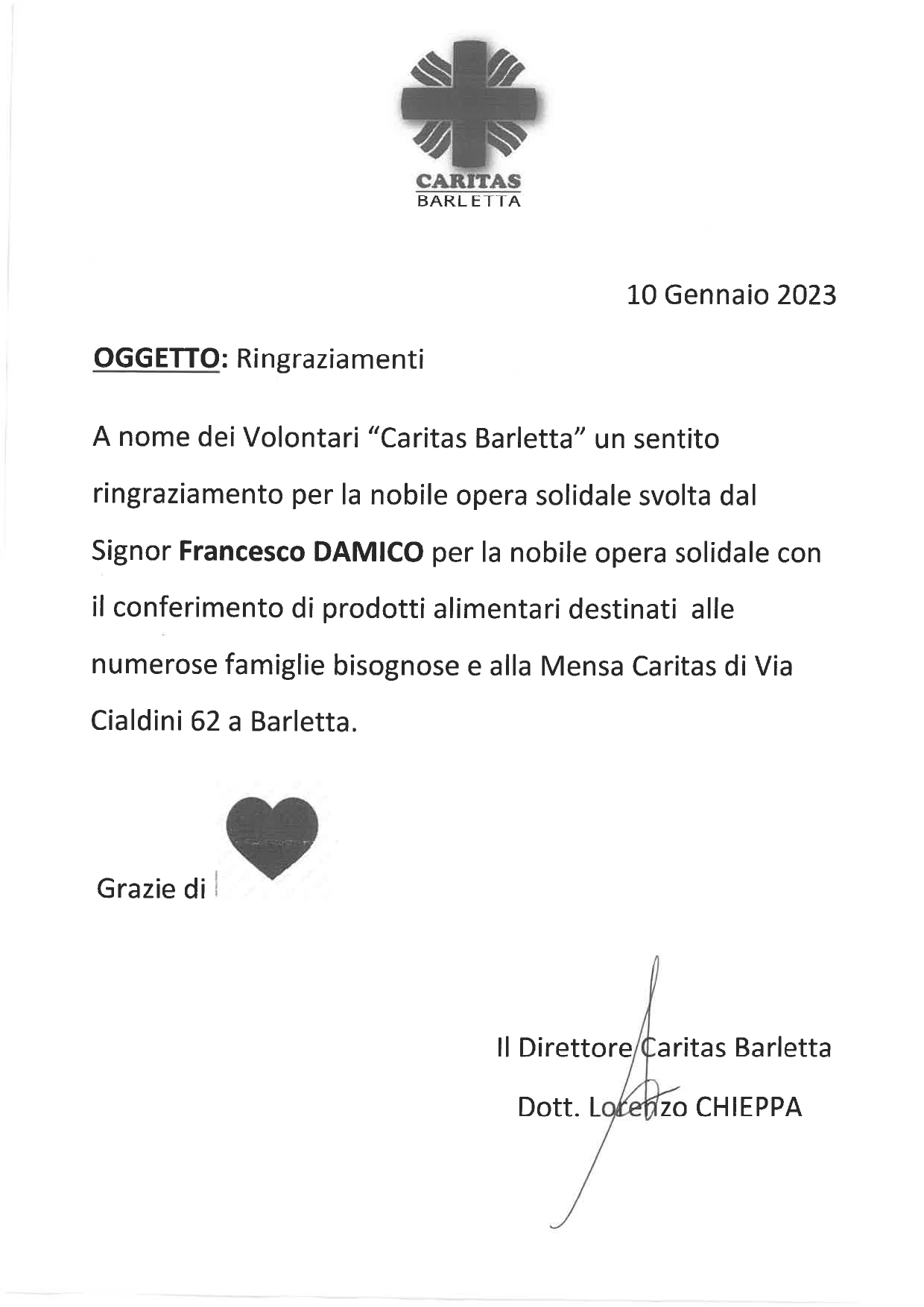 RINGRAZIAMENTO CARITAS Barletta