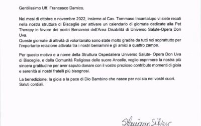 lettera di ringraziamento della Congregazione Ancelle della Divina Provvidenza per attività svolte al Don uva di Bisceglie