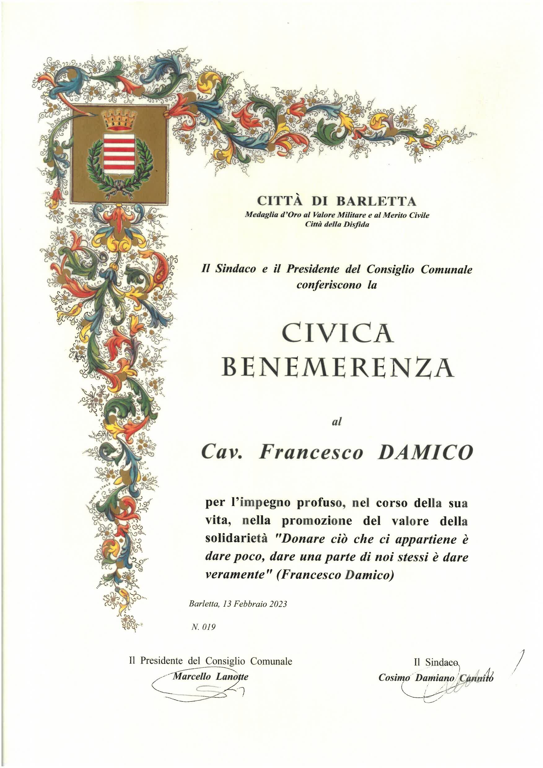 BENEMERENZA CIVICA COMUNE DI BARLETTA