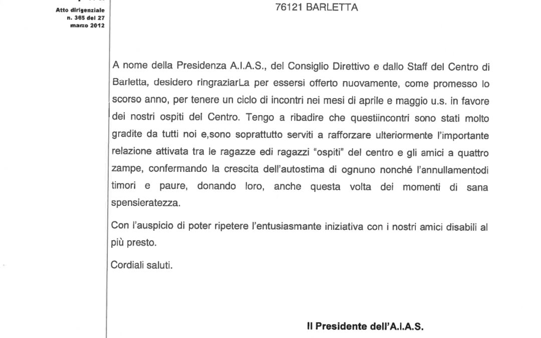 Ringraziamento Aias Barletta per Dog Day con i ragazzi speciali. Giornata di condivisione e gioco con gli amici a 4 zampe